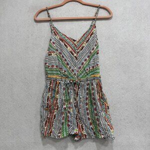 Mara Hoffman Swim Romper Womens XS Multicolor Tiger Print Boho Neck Beaded Trim